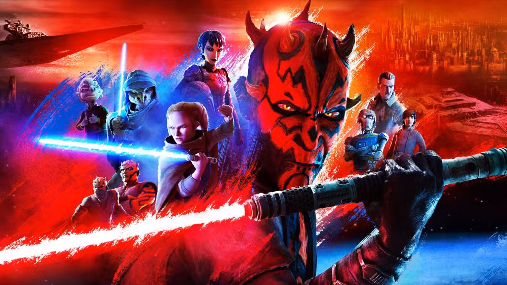 Uma imagem com uma captura de tela de Maul e vários outros personagens de Maul: Shadow Lord. 