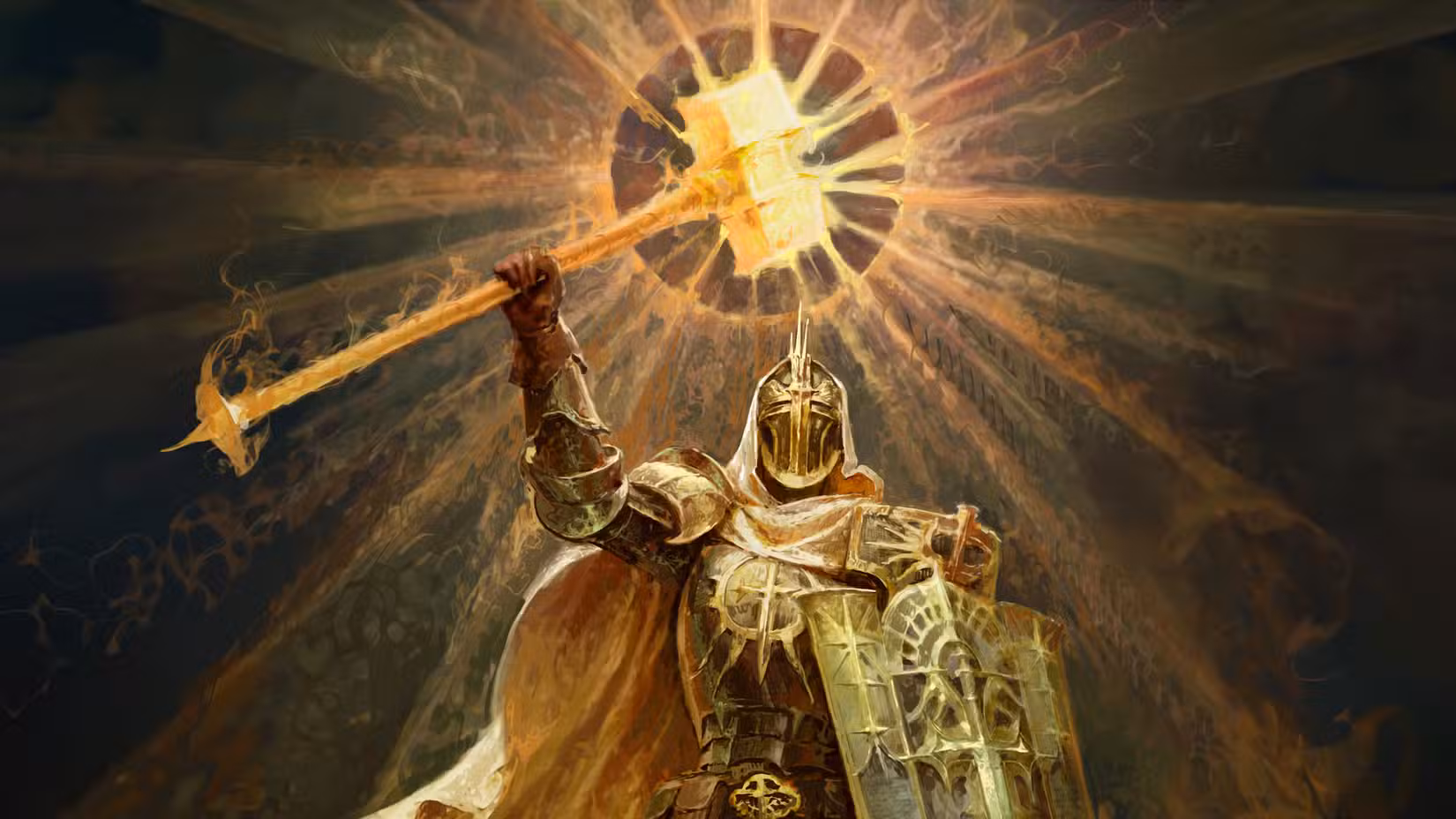 Arte do paladino de Diablo 4 segurando um escudo e segurando um martelo sagrado