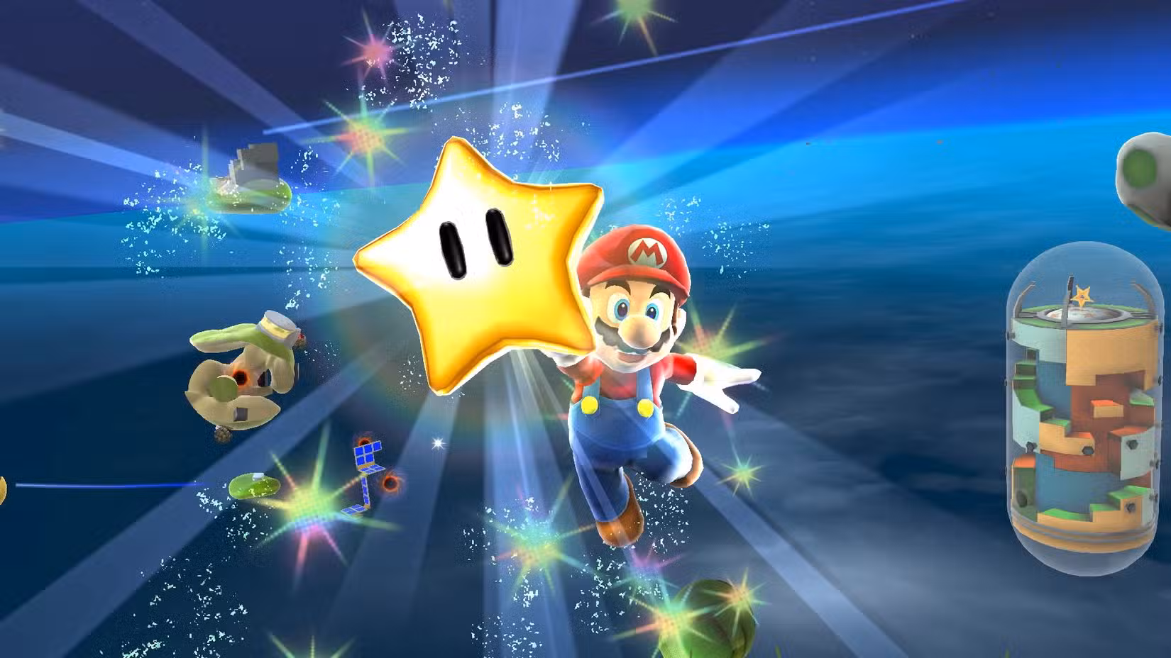 Uma captura de tela de Super Mario Galaxy com Mario pegando uma estrela