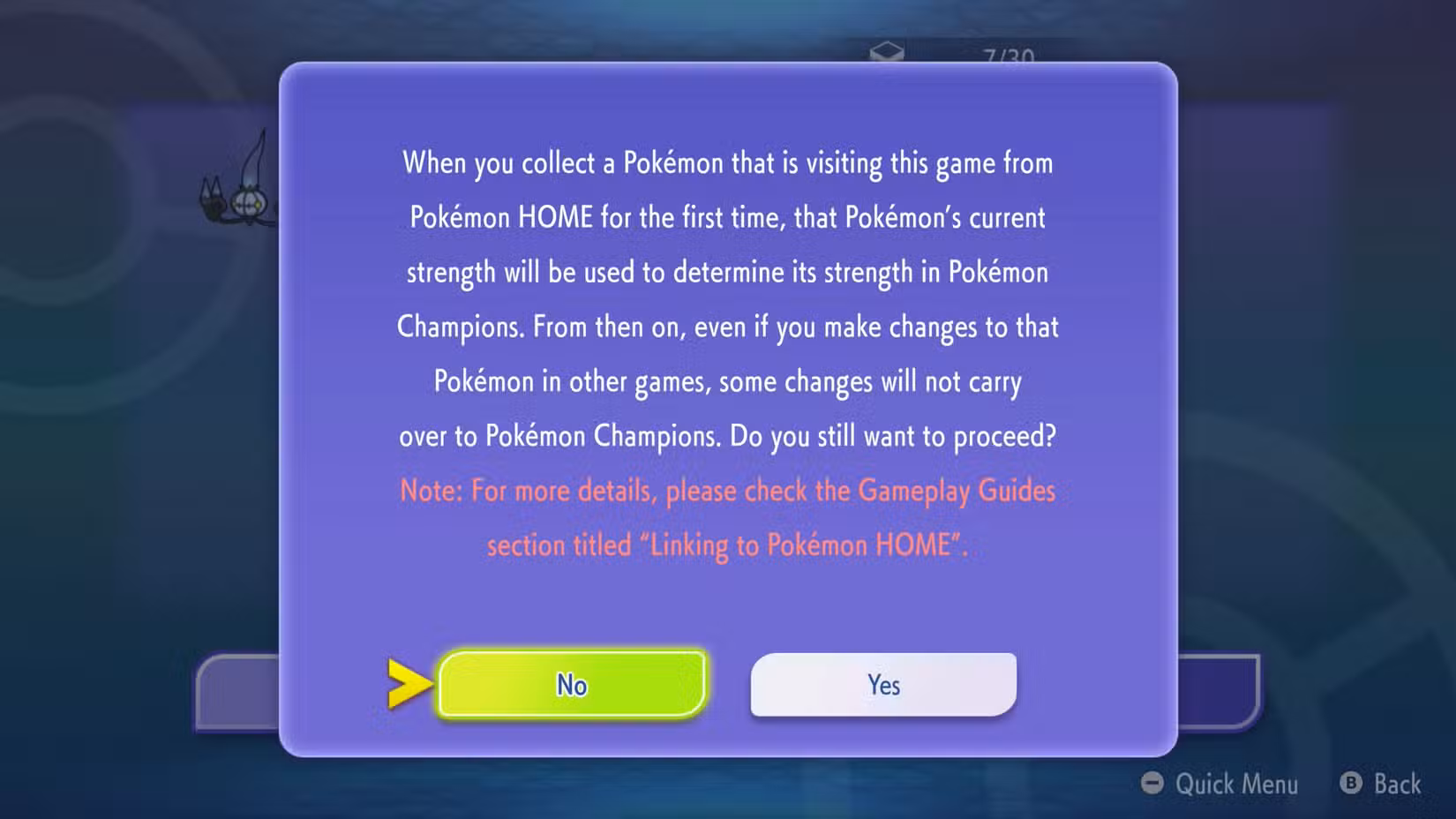 Uma tela de menu em Pokémon Champions avisando sobre mudanças nas estatísticas dos Pokémon transferidos.