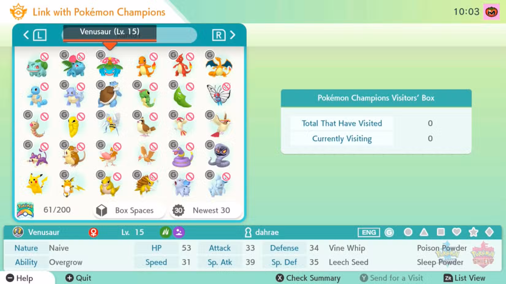 Uma captura de tela de uma caixa Pokémon Home com vermelho "Entrada proibida" sinais na maioria dos Pokémon.