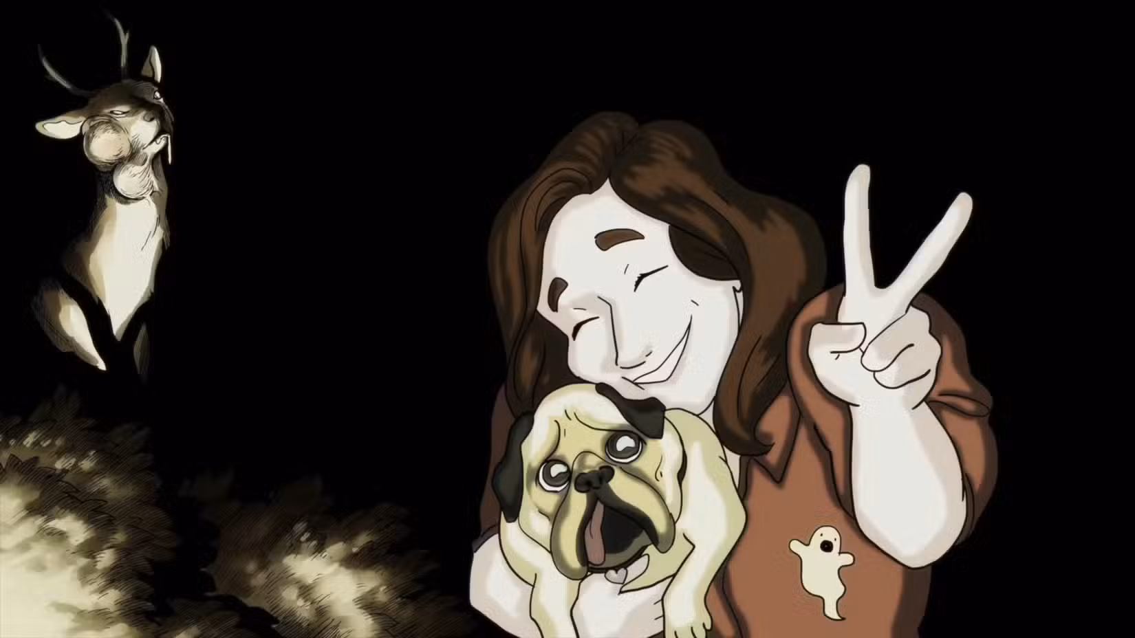 Um cervo mutante fotografando uma imagem com Stella em Scarlet Hollow