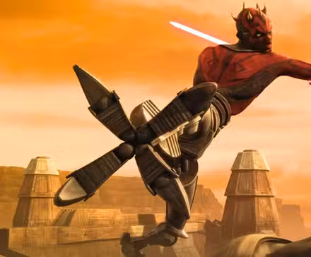 Uma imagem de Darth Maul de The Clone Wars. Mostra-o no ar, com pernas aderentes. Ele empunha um sabre de luz vermelho e parece irritado.