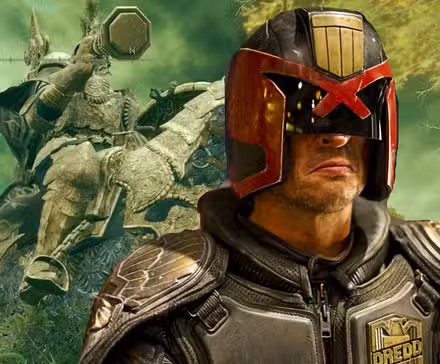 Dredd parado na frente da Árvore Sentinela