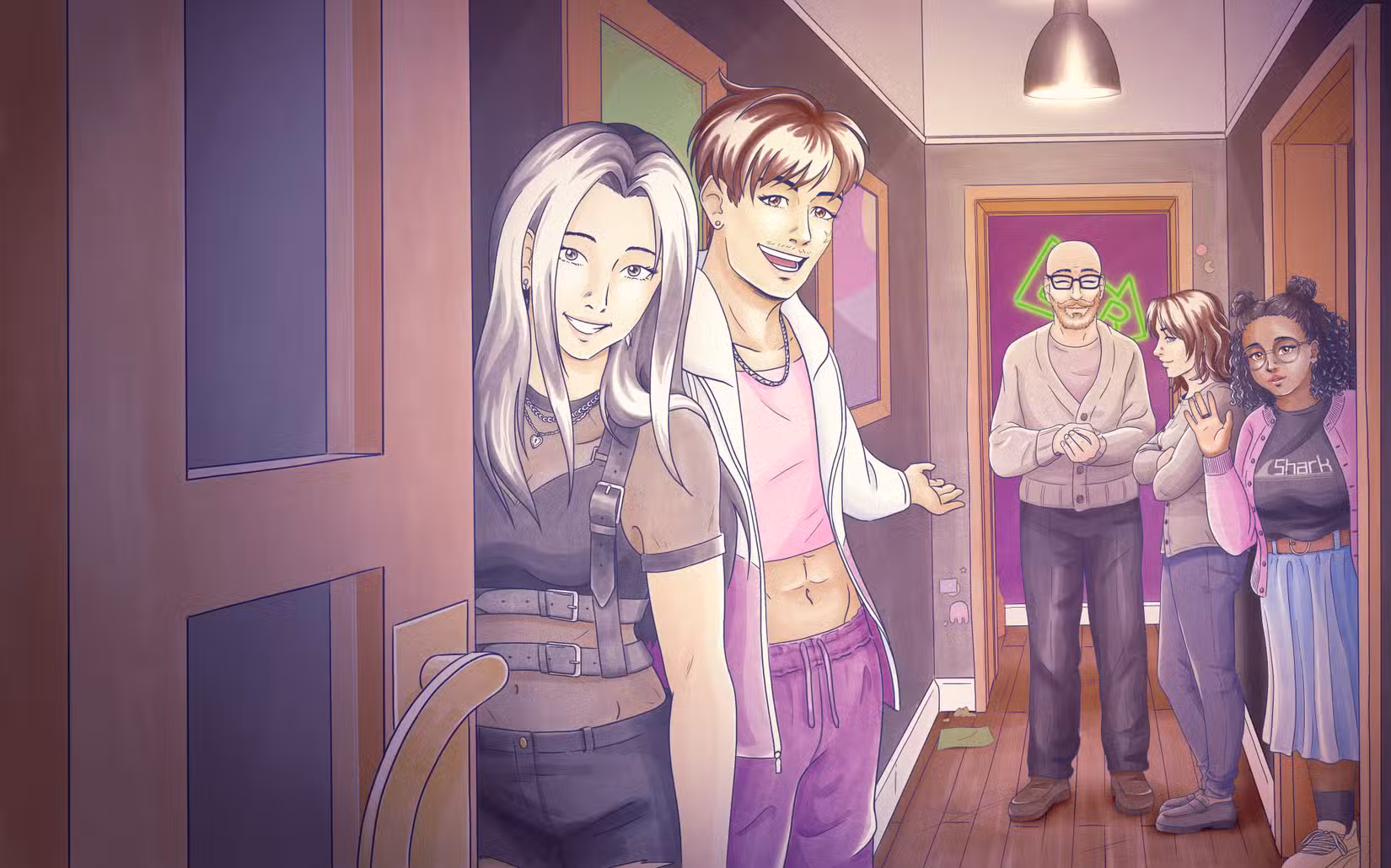 Os personagens estão em um corredor em Ace e Aro: Heart to Heart.