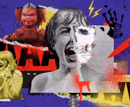 Colagem com imagens dos filmes Psycho, Scream e Chucky
