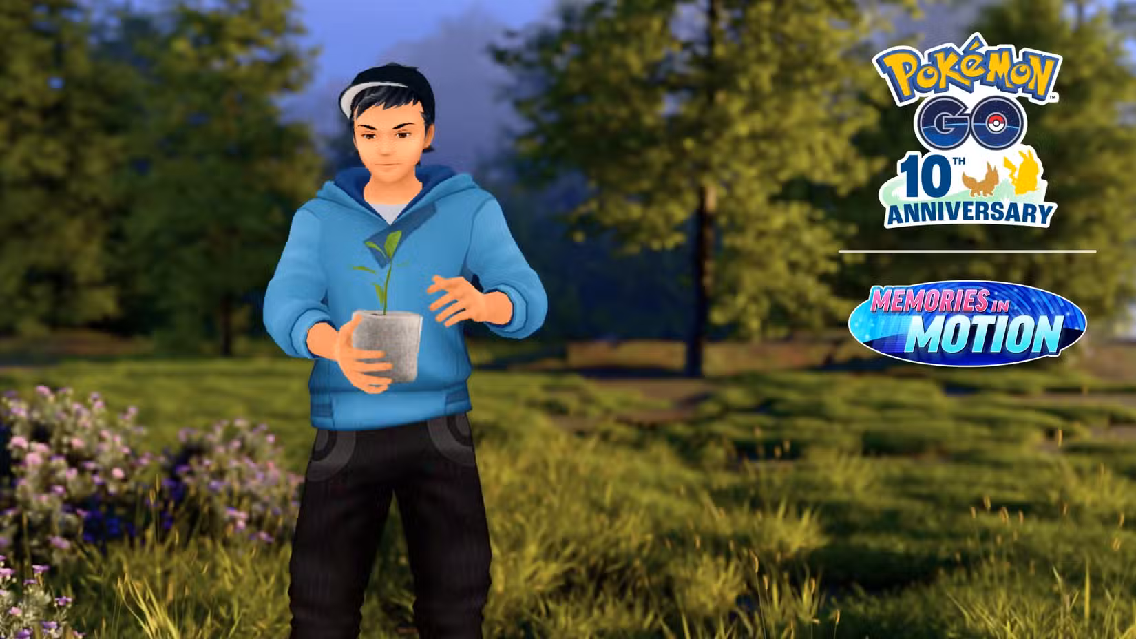 Um treinador Pokémon masculino segura um vaso de planta no Pokémon Go