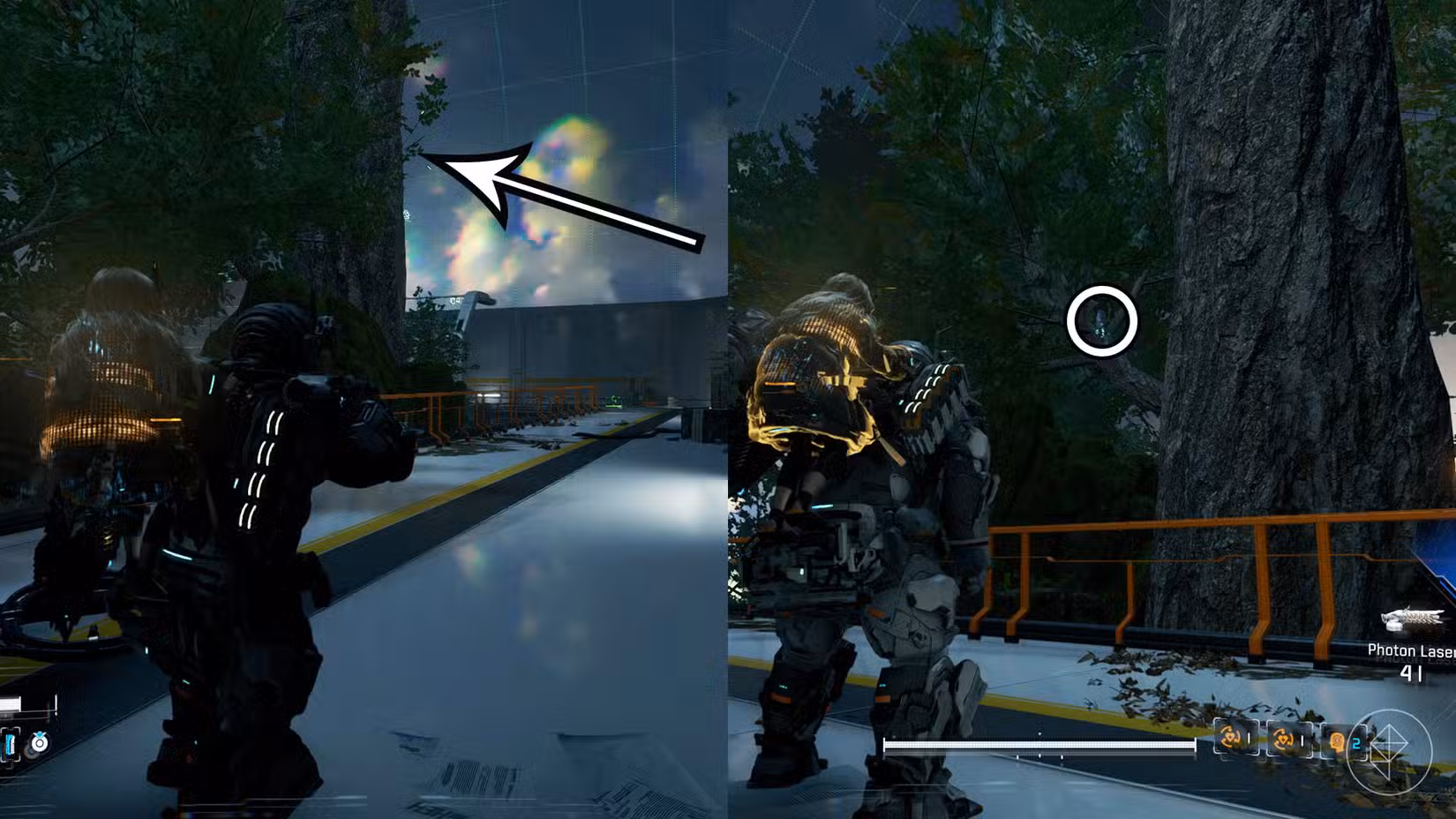 Uma montagem usando duas imagens Pragmata mostrando a localização de uma figura da Mini Cabine