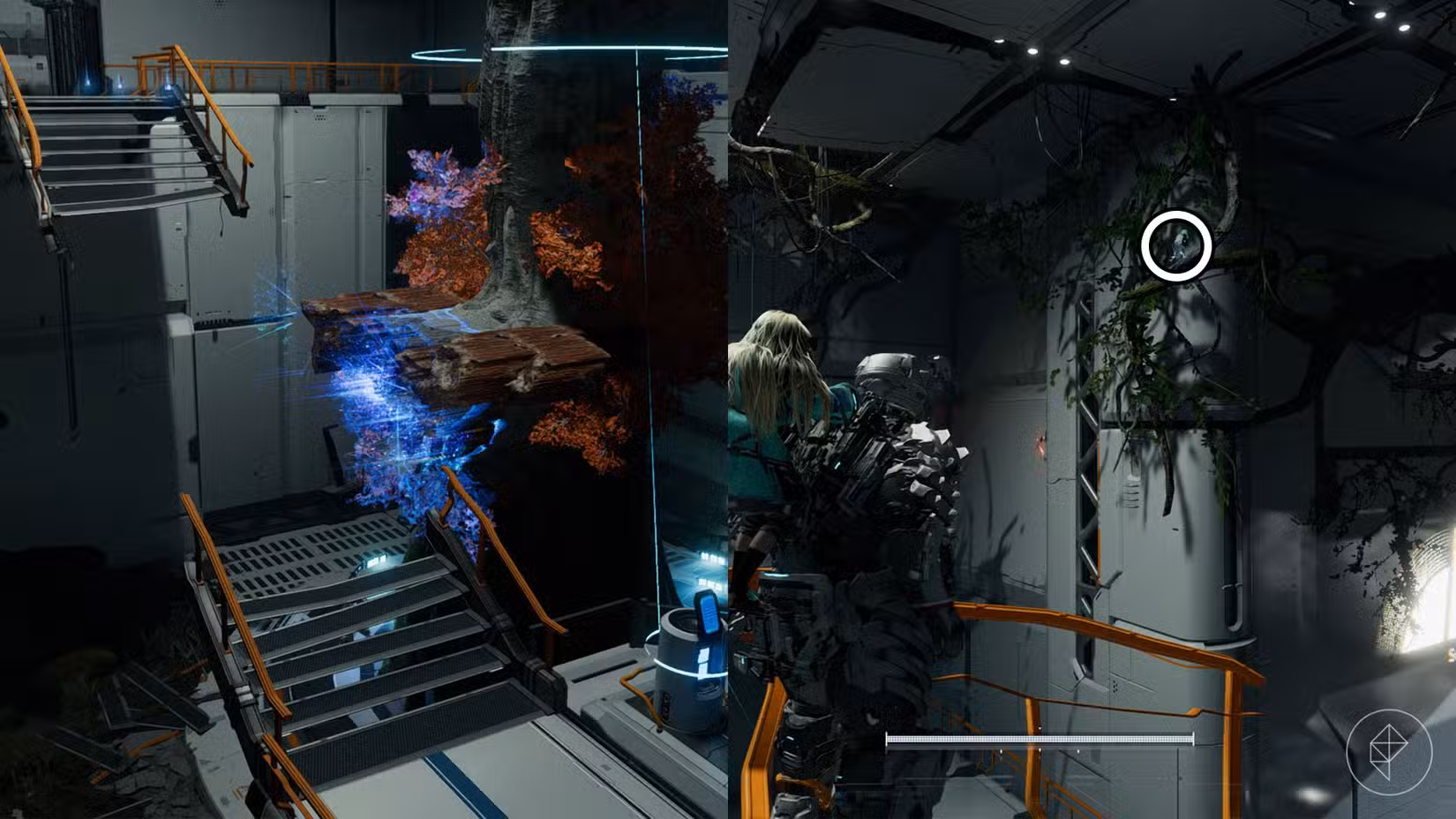 Uma montagem usando duas imagens Pragmata mostrando a localização de uma figura da Mini Cabine