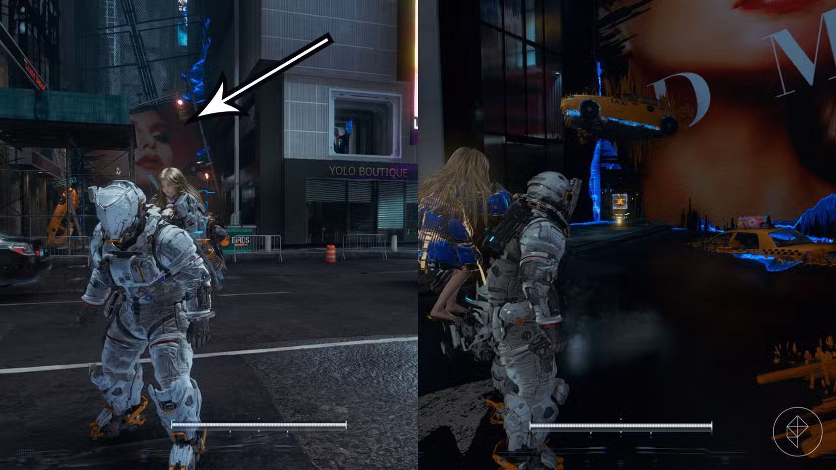 Uma montagem usando duas imagens Pragmata mostrando a localização de um componente de atualização no setor do Mass Production Array