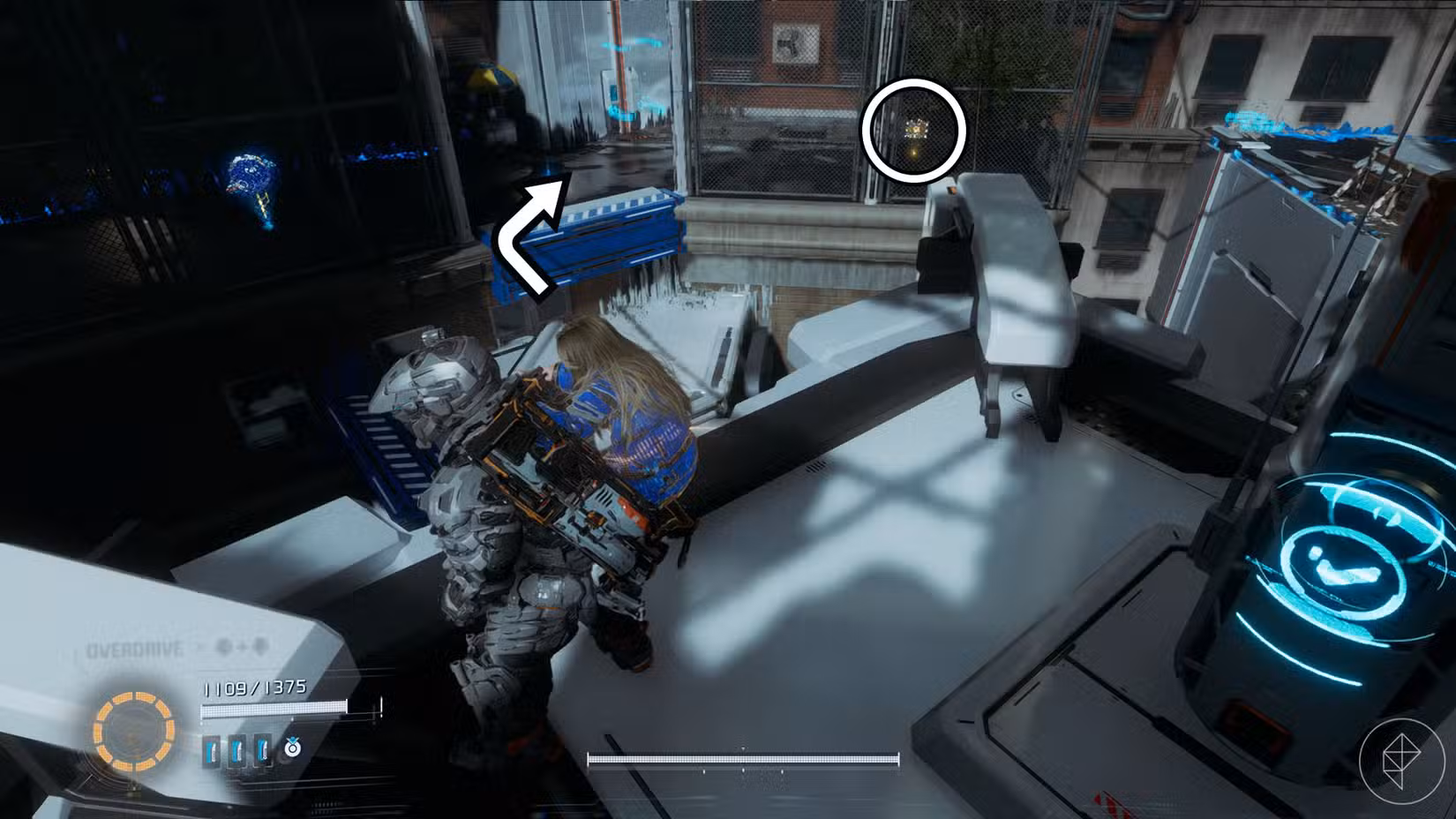 Uma captura de tela do Pragmata mostrando a localização de um componente de atualização no setor Mass Production Array