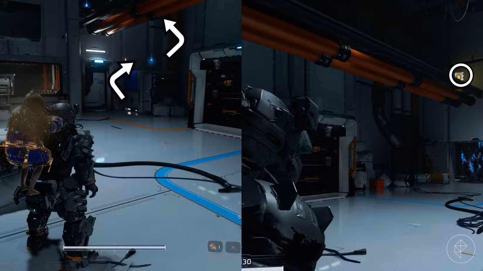 Uma montagem usando duas imagens Pragmata mostrando a localização de um componente de atualização no setor Mass Production Array