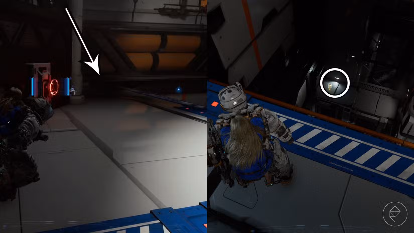 Uma montagem usando duas imagens Pragmata mostrando a localização de um componente de atualização no setor da Usina Solar