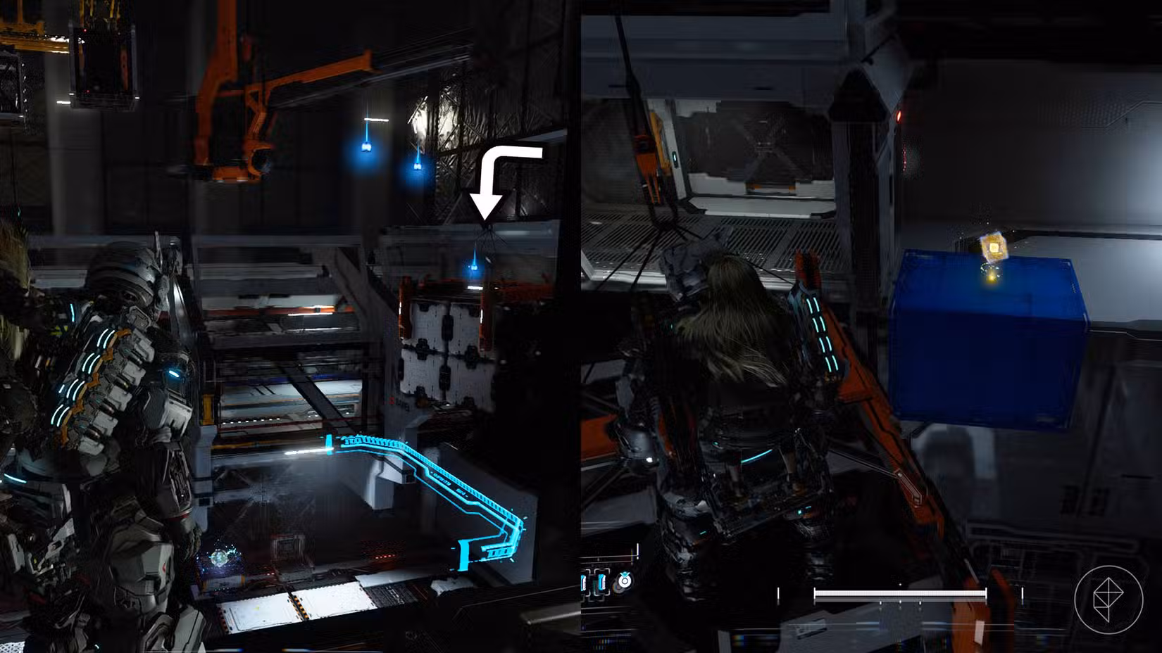 Uma montagem usando duas imagens Pragmata mostrando a localização de um componente de atualização no setor da Usina Solar