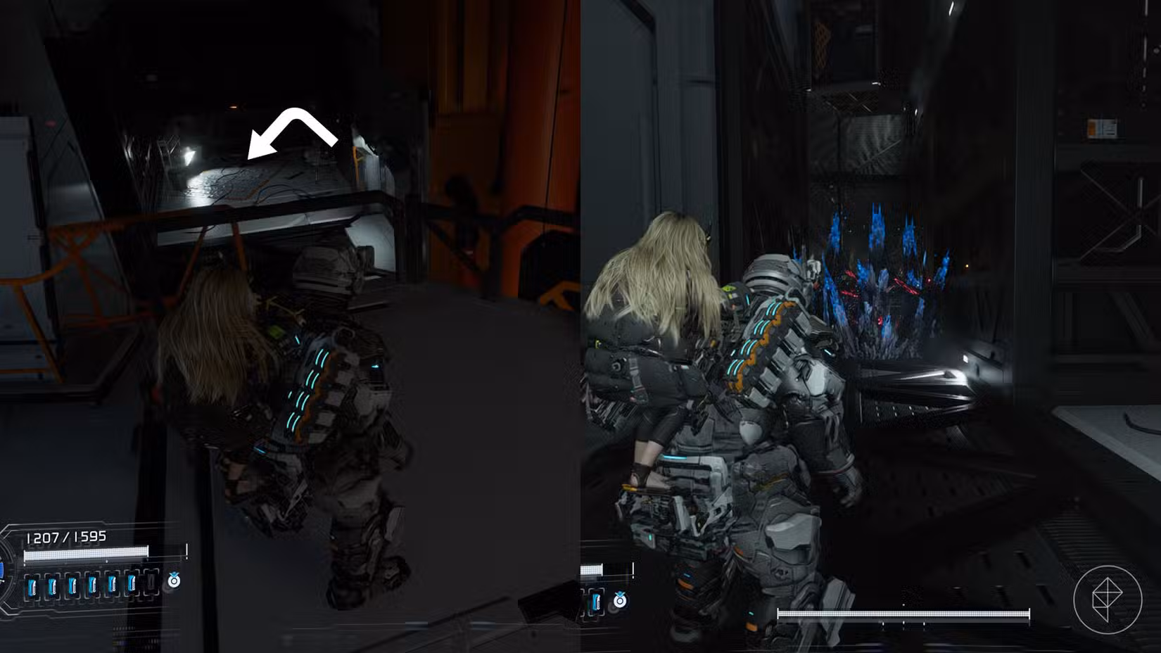 Uma montagem usando duas imagens Pragmata mostrando a localização de um componente de atualização no setor da Usina Solar