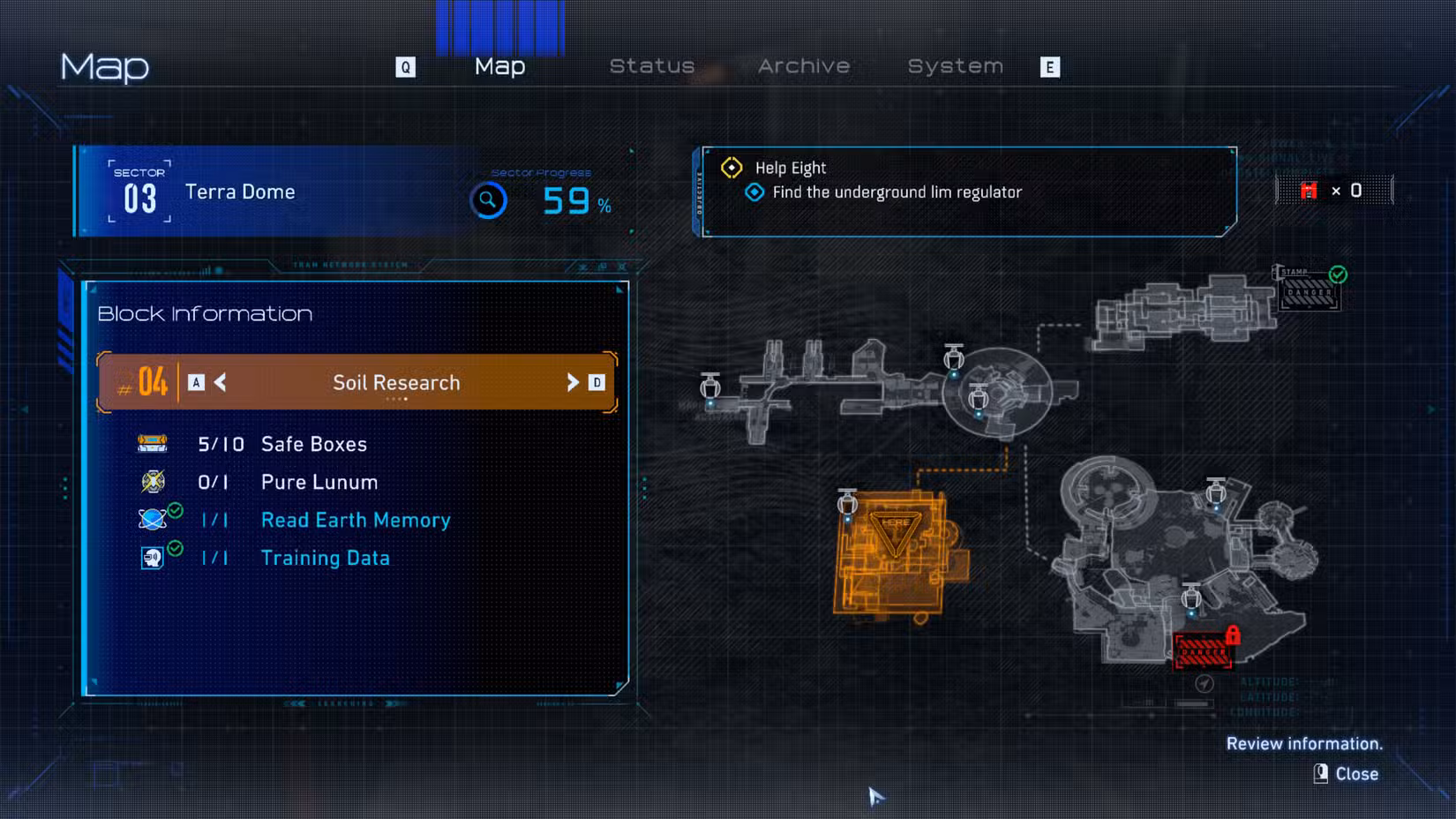 Uma imagem de mapa no Pragmata mostrando itens colecionáveis, incluindo dados de treinamento