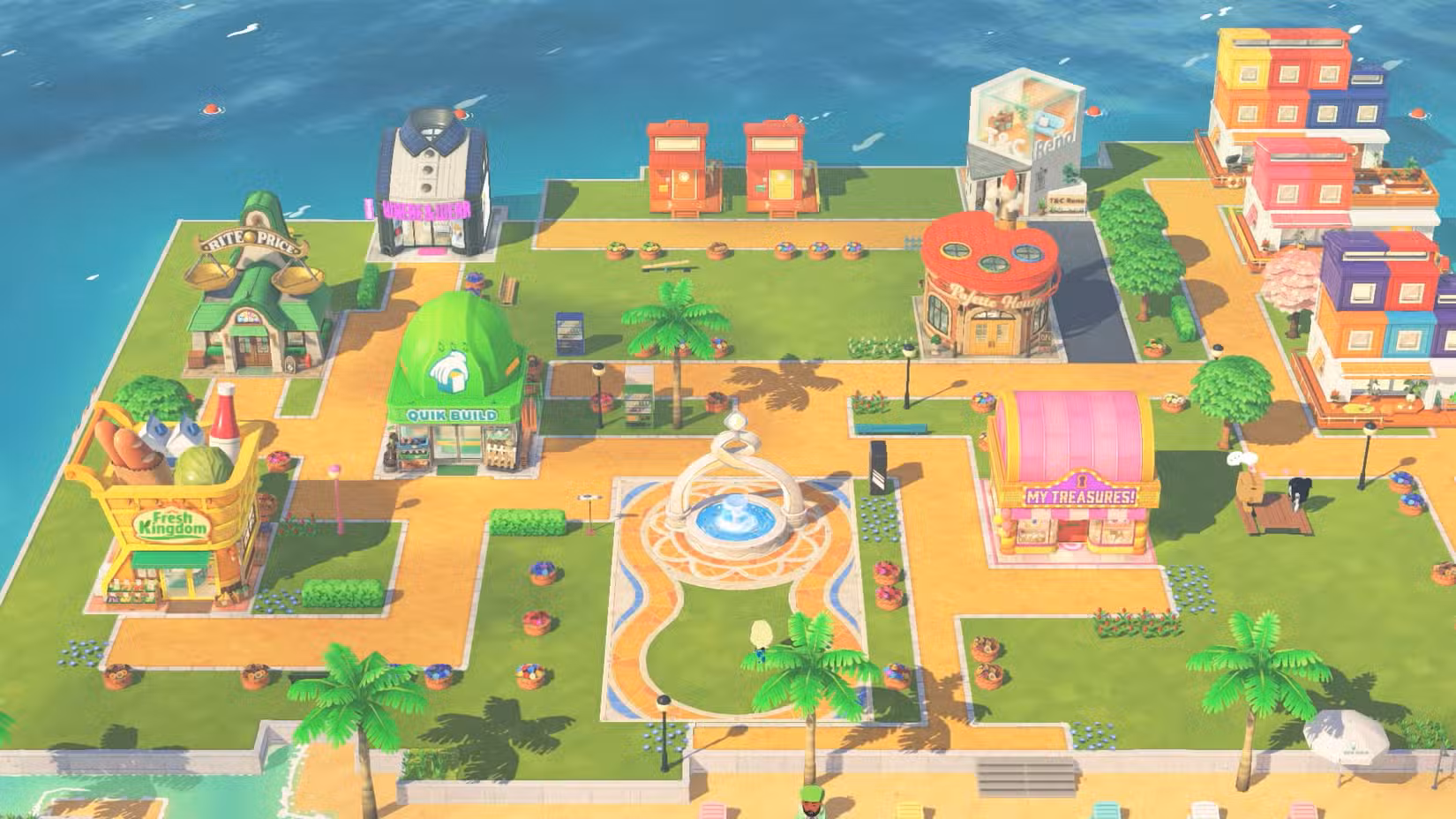 Uma Vida Tomodachi: Vivendo a ilha dos Sonhos com vários prédios espalhados.