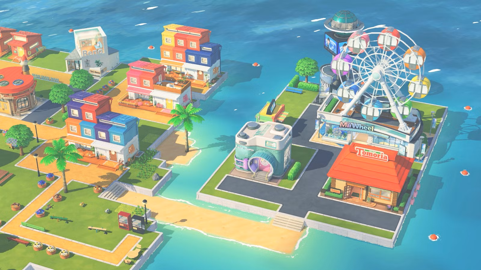 A Tomodachi Life: Living the Dream Island, mostrando uma roda gigante e o restaurante Tomoria.
