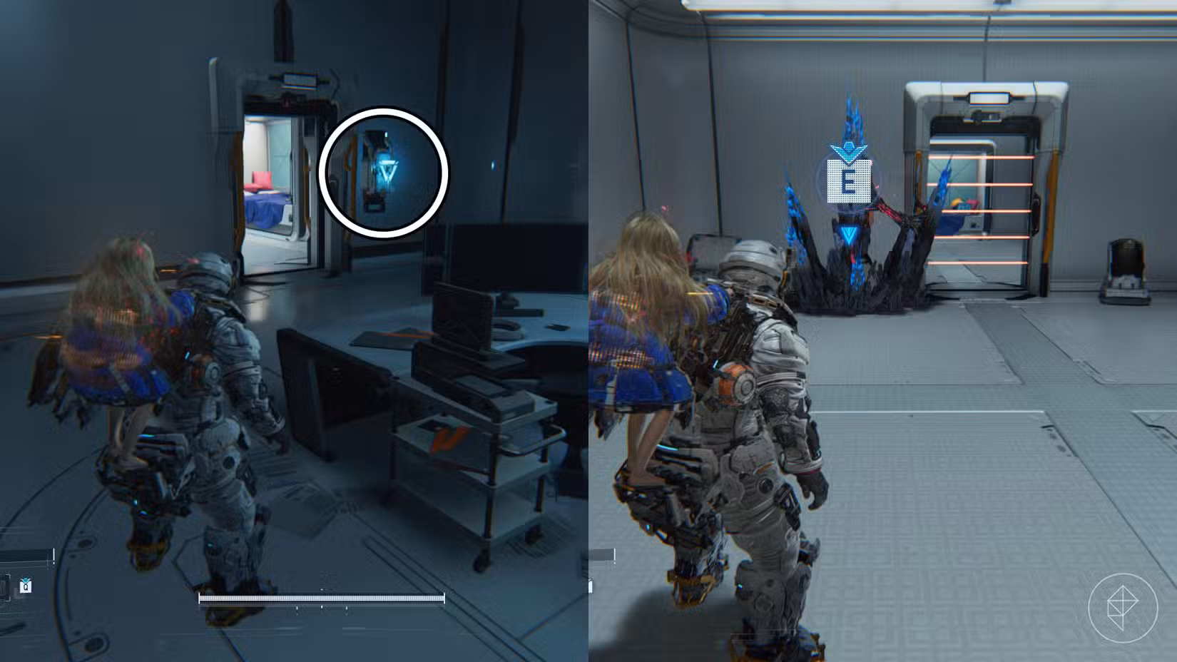 Um homem com uma garota de costas olhando para uma luz azul em uma parede e pontas pretas e azuis em outra sala em Pragmata.