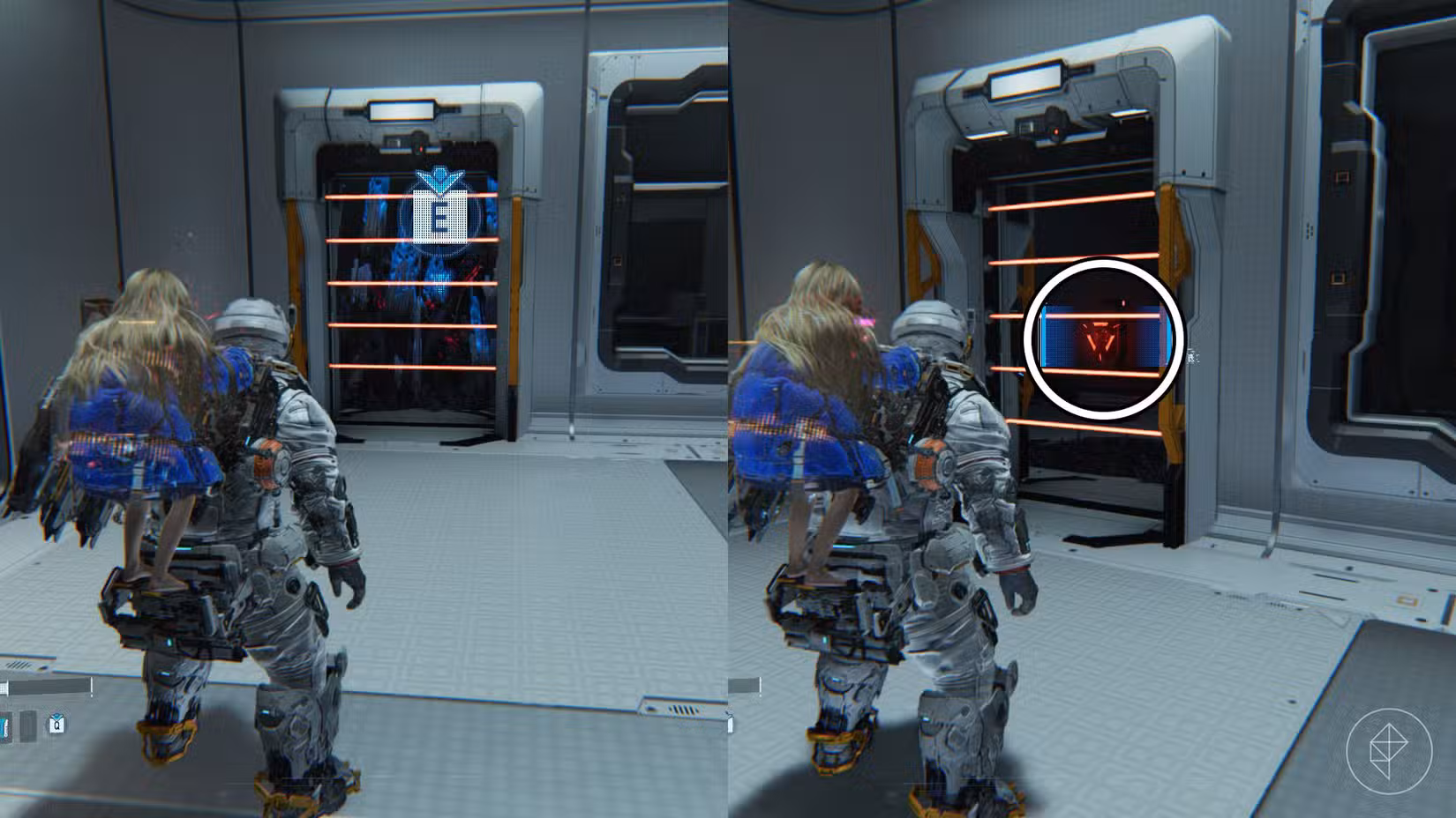 Um homem olhando para pontas pretas e azuis atrás de uma parede de lasers e uma luz vermelha escondida atrás dessas pontas.