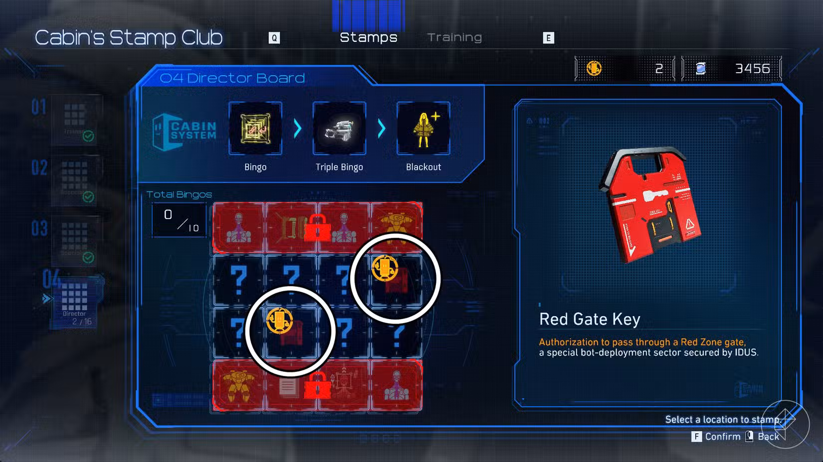 Uma grade 4 x 4 do Cabin's Stamp Club com dois quadrados circulados em Pragmata.