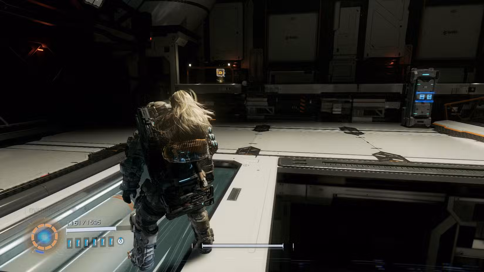 Uma captura de tela do Pragmata mostrando a localização de um componente de atualização no setor do Porto Central