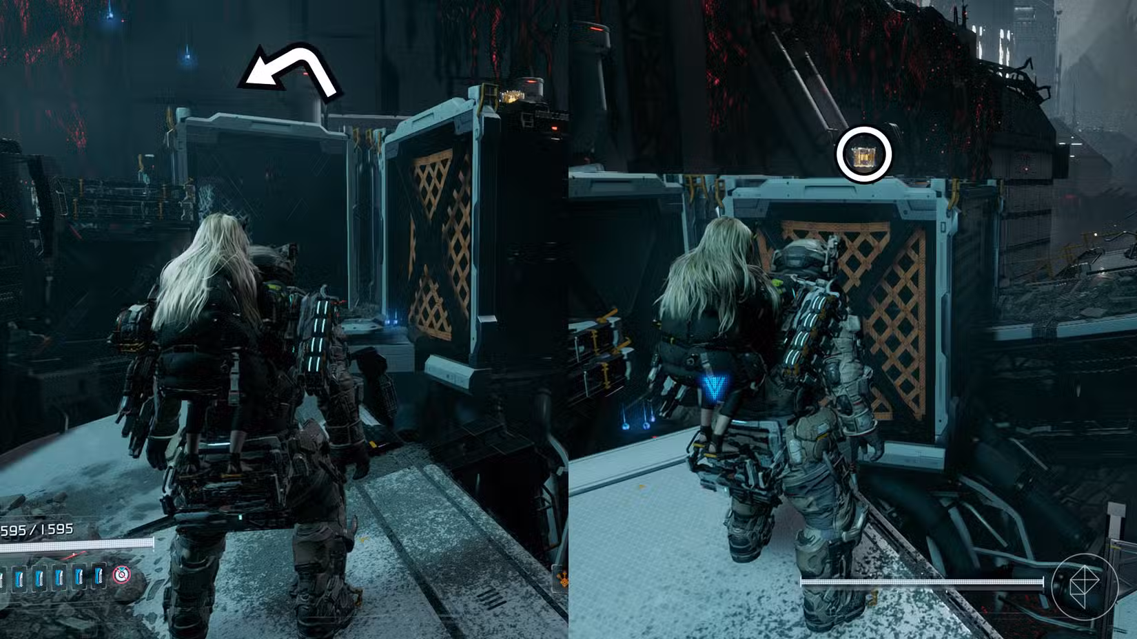 Uma montagem usando duas imagens do Pragmata mostrando a localização de um componente de atualização no setor do Porto Central