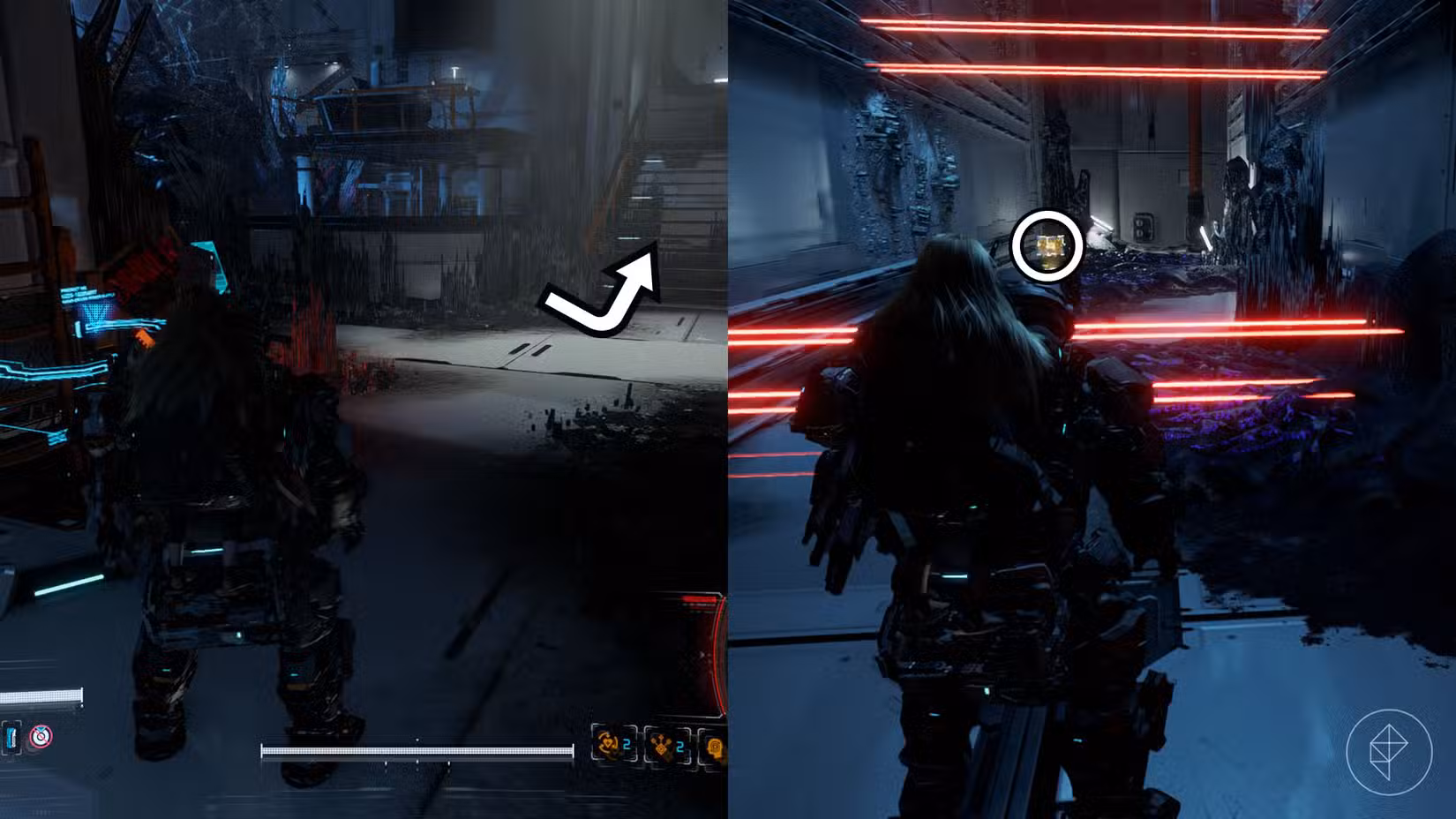 Uma montagem usando duas imagens do Pragmata mostrando a localização de um componente de atualização no setor do Porto Central