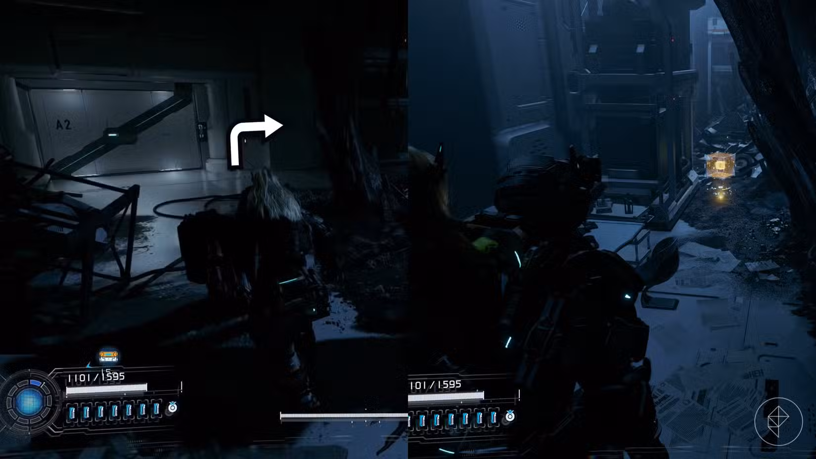 Uma montagem usando duas imagens do Pragmata mostrando a localização de um componente de atualização no setor do Porto Central