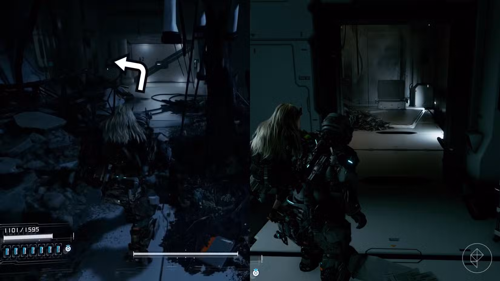 Uma montagem usando duas imagens do Pragmata mostrando a localização de um componente de atualização no setor do Porto Central