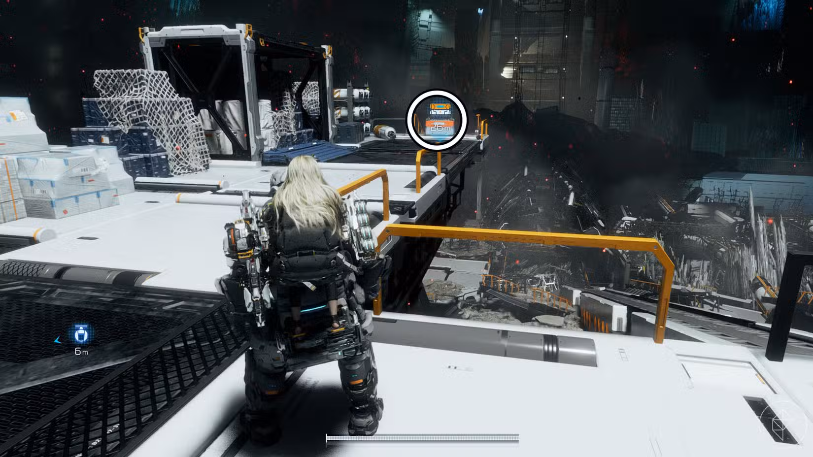 Uma captura de tela do Pragmata mostrando a localização de um componente de atualização no setor do Porto Central