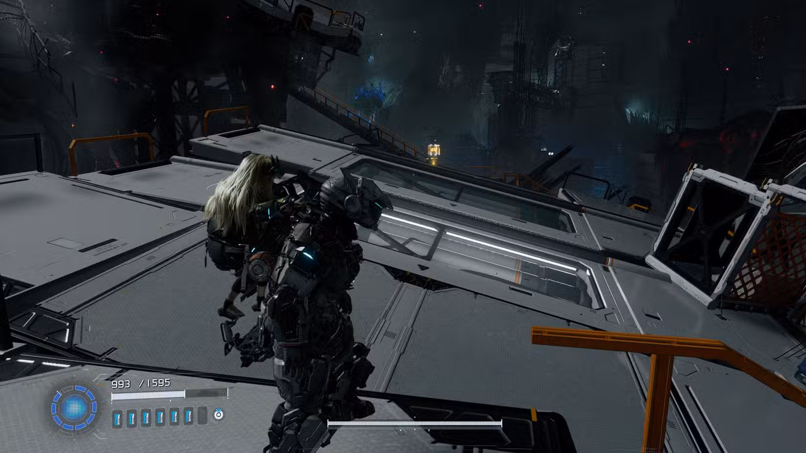 Uma captura de tela do Pragmata mostrando a localização de um componente de atualização no setor do Porto Central