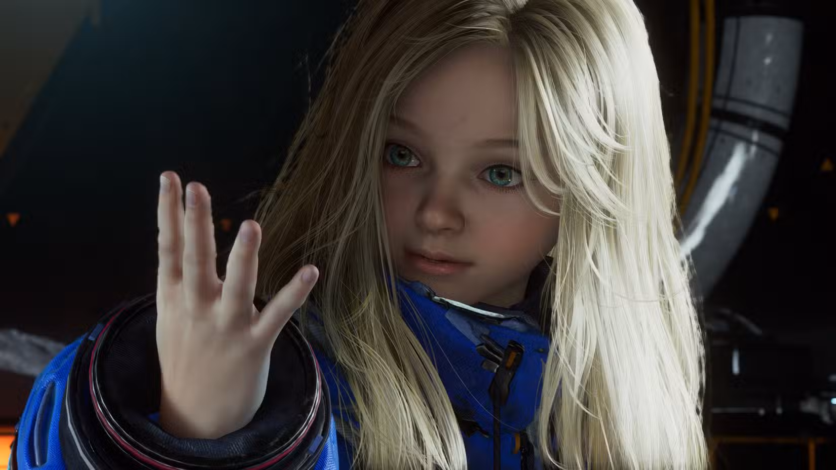 Diana olha para sua mão em Pragmata.