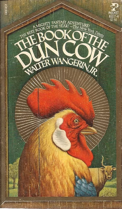 Capa do romance de fantasia de Walter Wangerin, O Livro da Vaca Parda, mostrando a cabeça de um galo com um pente vermelho vivo