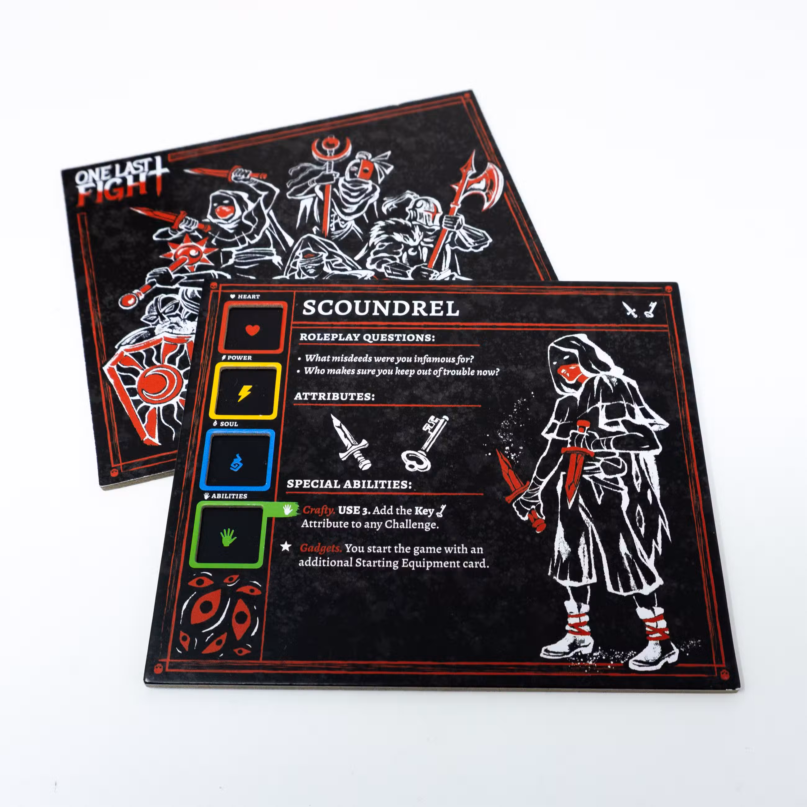 A carta do personagem Scoundrel do TTRPG One Last Fight, mostrando uma figura mascarada segurando duas adagas, ao lado de uma série de caixas para as habilidades Coração, Poder, Alma e Habilidades