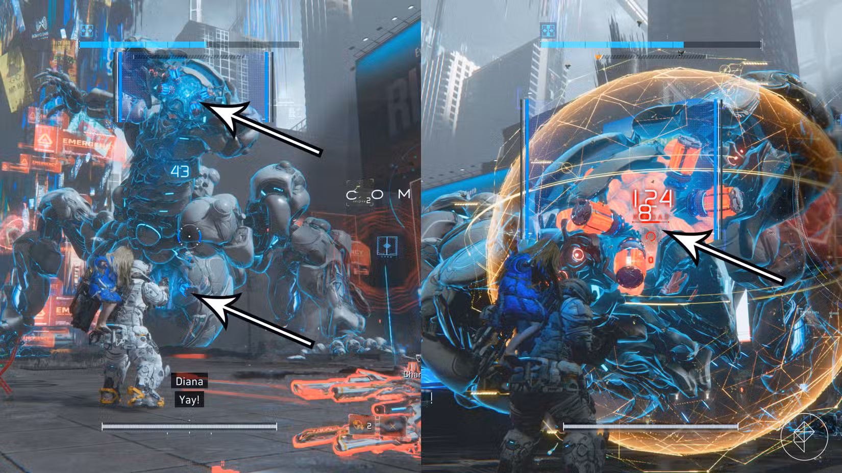 As setas apontam para os pontos fracos do Gigantic Bot em Pragmata.