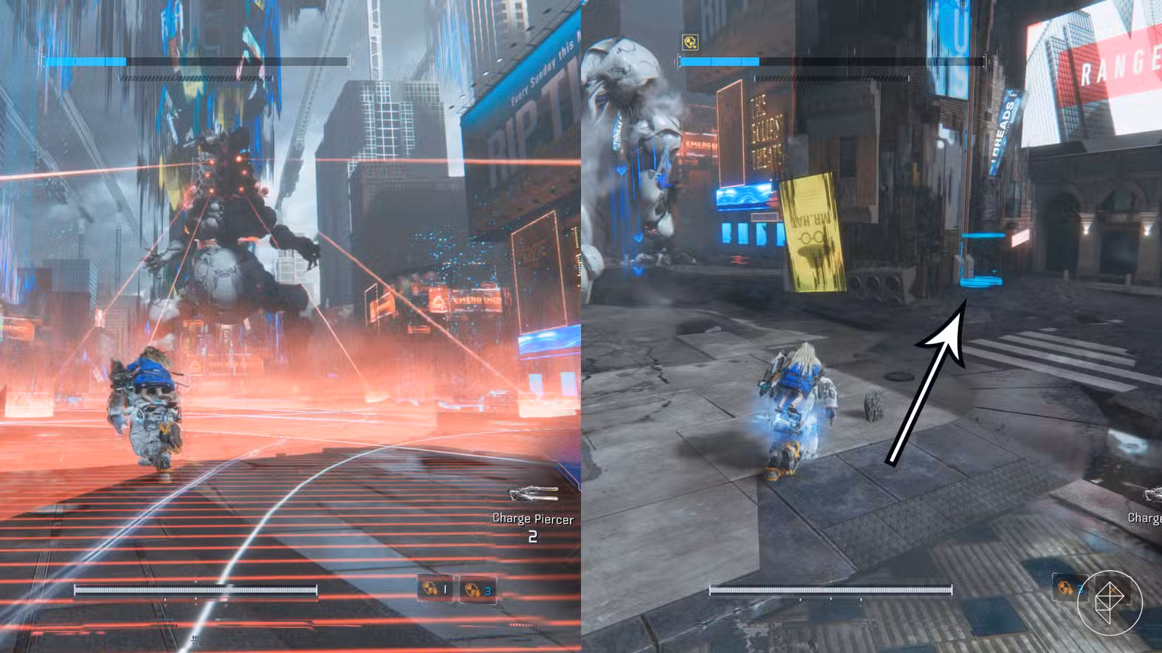 O chefe do Gigantic Bot de Pragmata usa um ataque de área de efeito vermelho à esquerda, e uma seta aponta para o único local seguro para este ataque à direita.