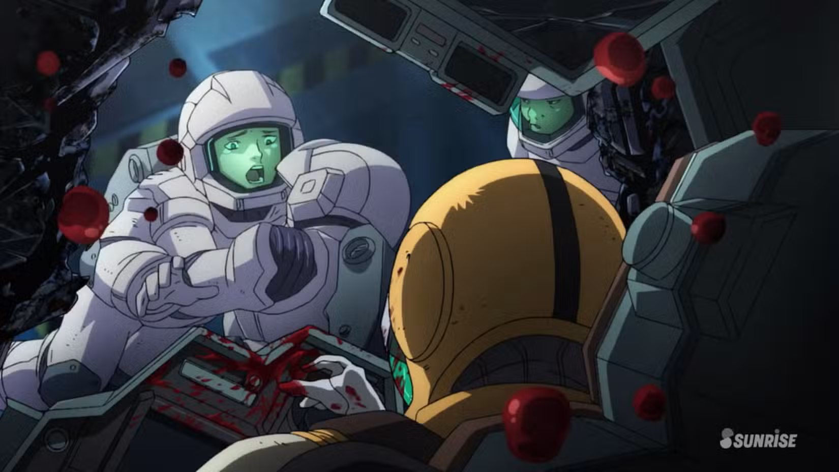 Imagem de Gundam Thunderbolt apresentando um tripulante moribundo na cabine de um mobile suit. 