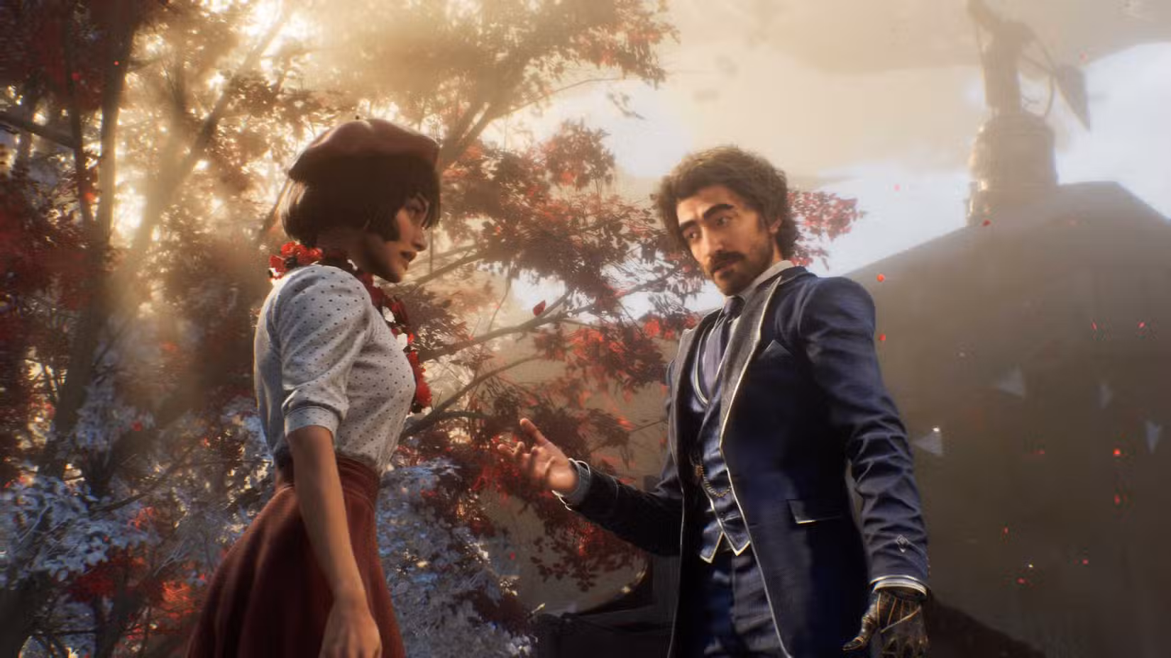 Expedição Clair Obscur 33 Gustave e Sophie conversando diante de uma árvore vermelha e branca