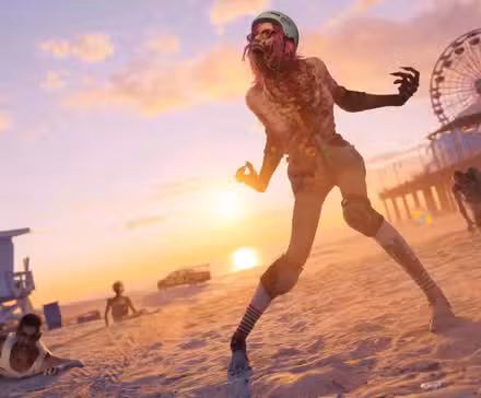 A arte de Dead Island 2 mostra uma patinadora zumbi parada na praia.