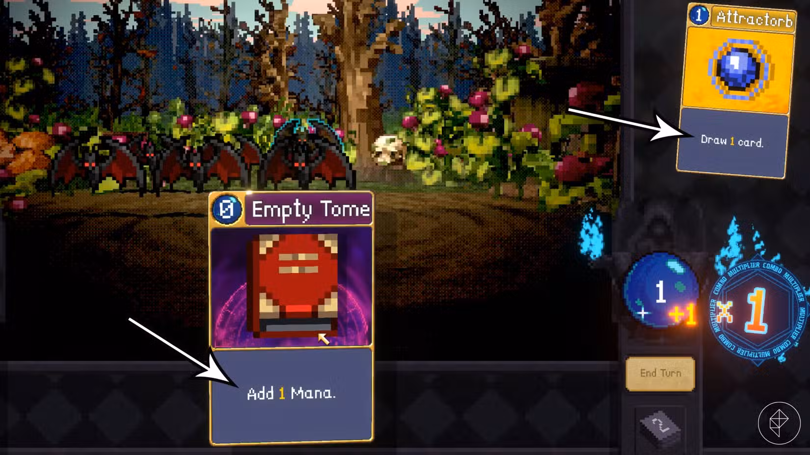 Uma carta Tome e uma carta Attractorb em Vampire Crawlers.