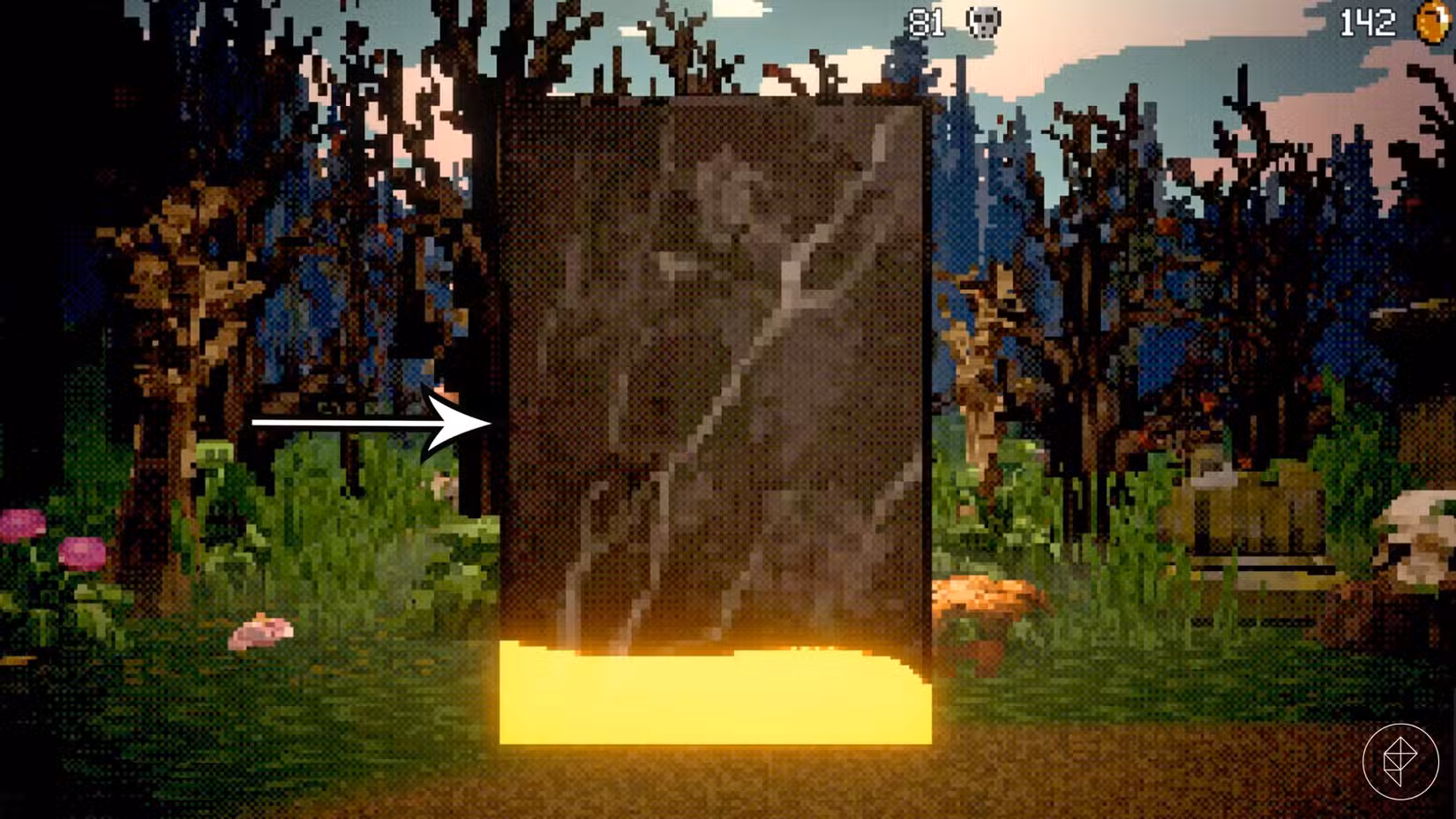 Uma seta aponta para um objeto que pode conter um Orbe de Mana em Vampire Crawlers.