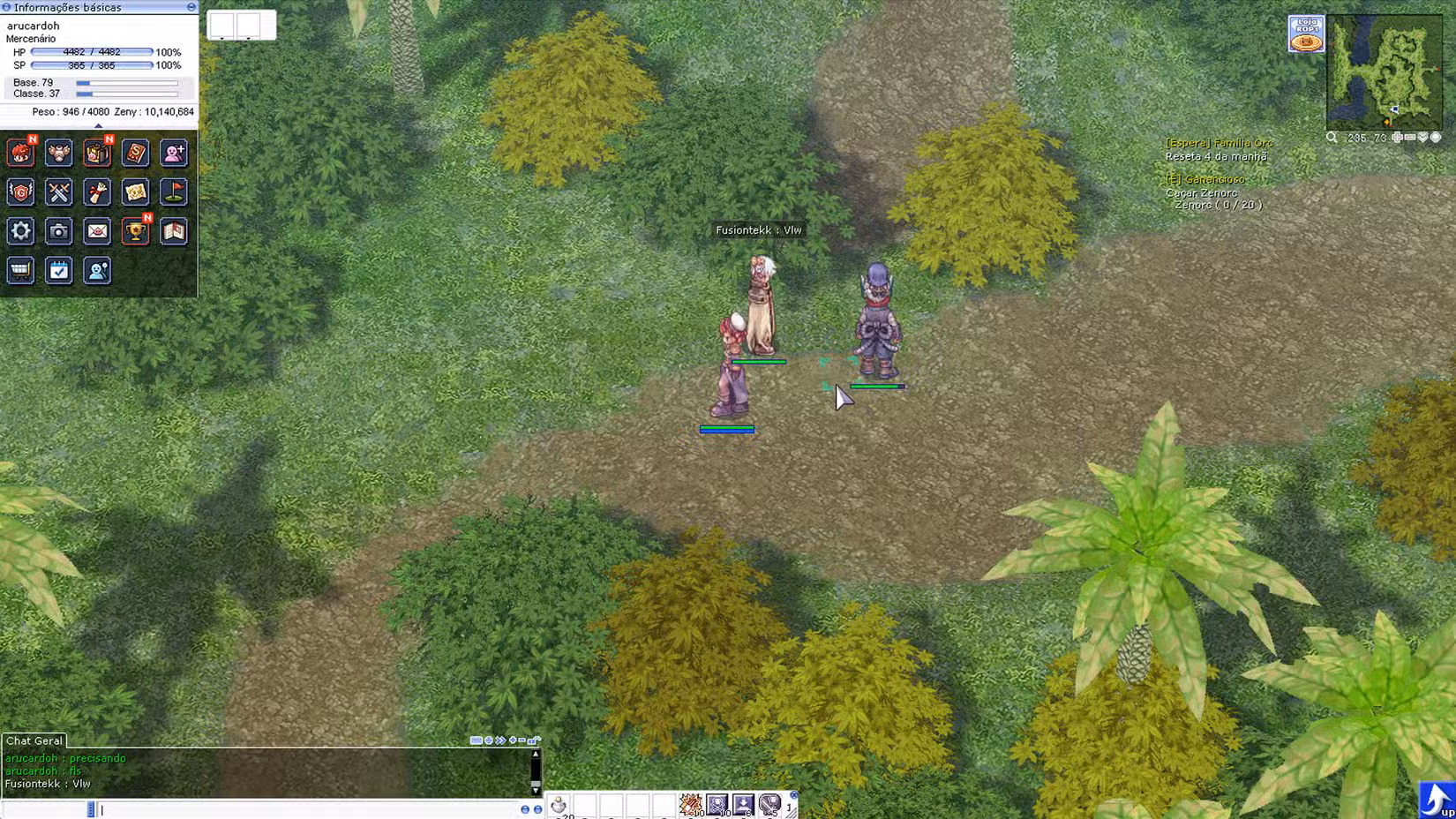 Uma captura de tela do Ragnarok Online mostrando três jogadores conversando