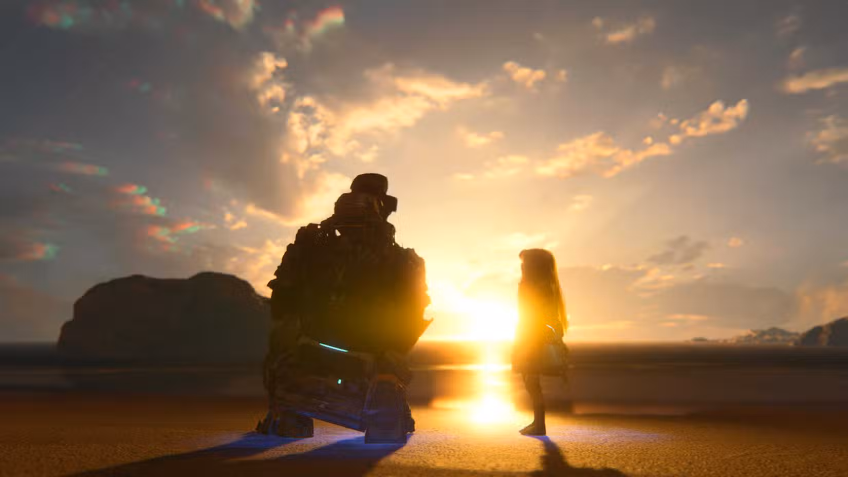 O astronauta Hugh e a andróide Diana em uma praia com um pôr do sol ao fundo em uma captura de tela do Pragmata