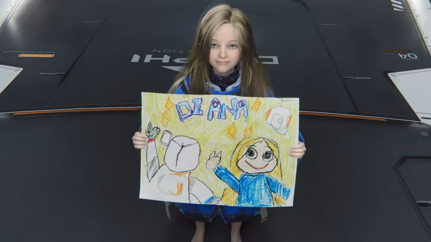 Androide Diana segurando um desenho representando ela e o astronauta Hugh em uma captura de tela do Pragmata