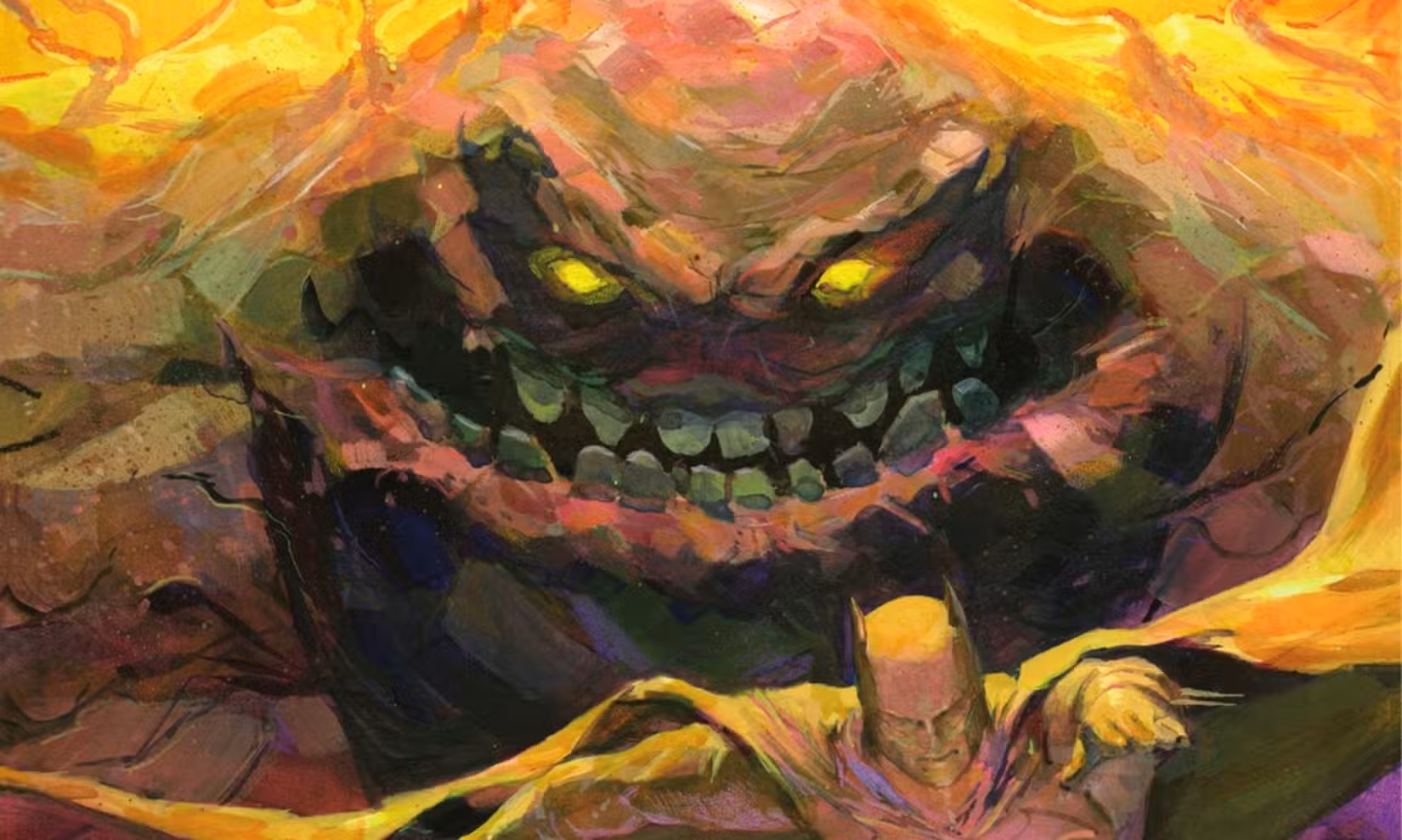 Um Clayface assustador e ameaçador fazendo uma careta para uma criação de argila do Batman, arte de Xermanico