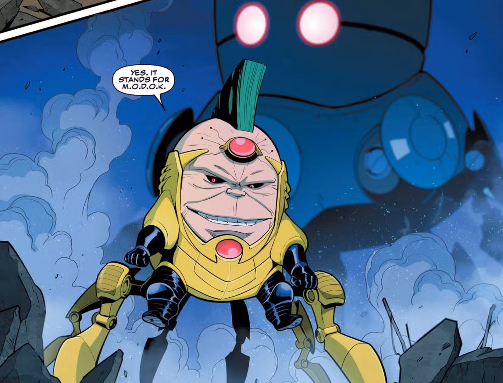 gwenpool 1 modok flutua ameaçadoramente no ar, fumaça subindo ao seu redor enquanto ele se aproxima