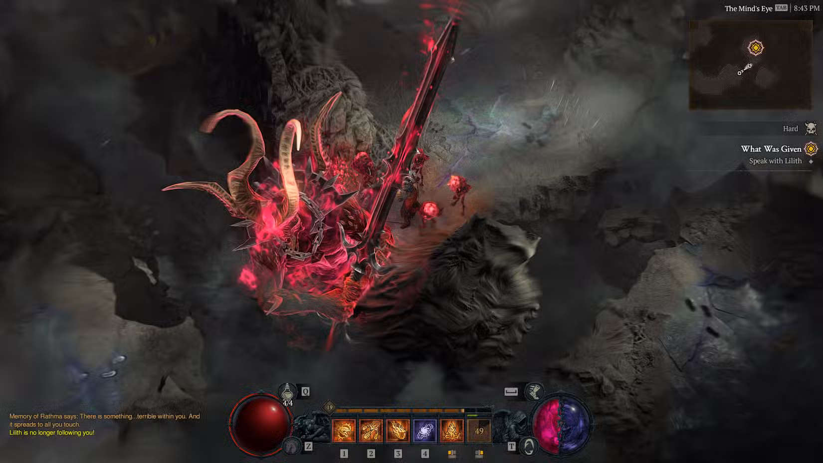 Uma captura de tela de Diablo 4 mostrando um Warlock invocando um enorme demônio empunhando uma espada