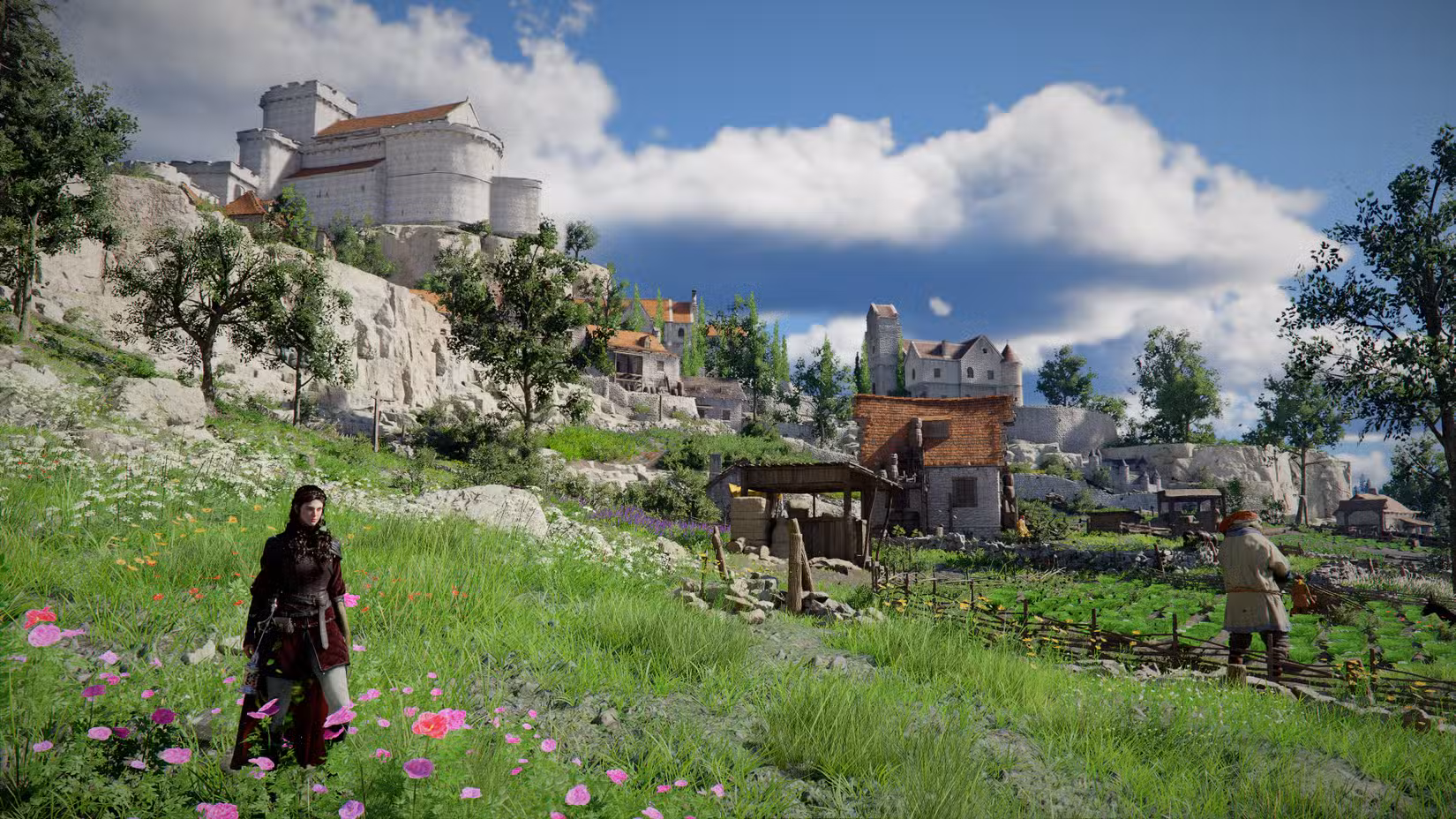 Damiane está em frente ao Castelo Hernand no Deserto Carmesim.