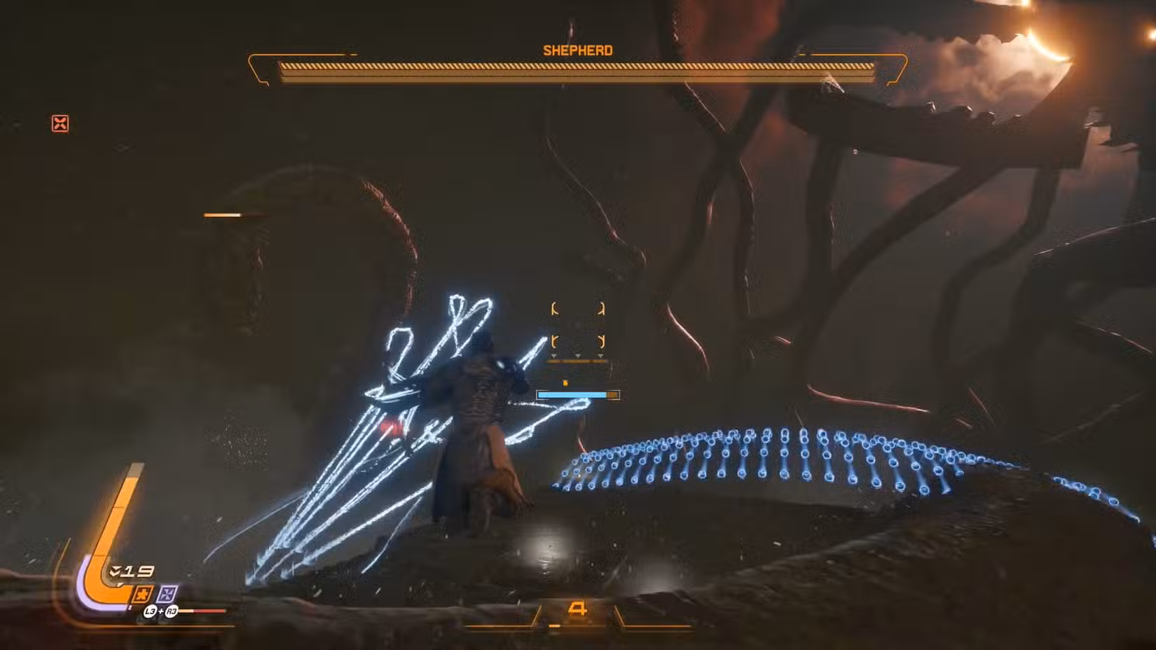 Uma captura de tela de Saros mostrando a primeira fase da luta contra o chefe Shepherd